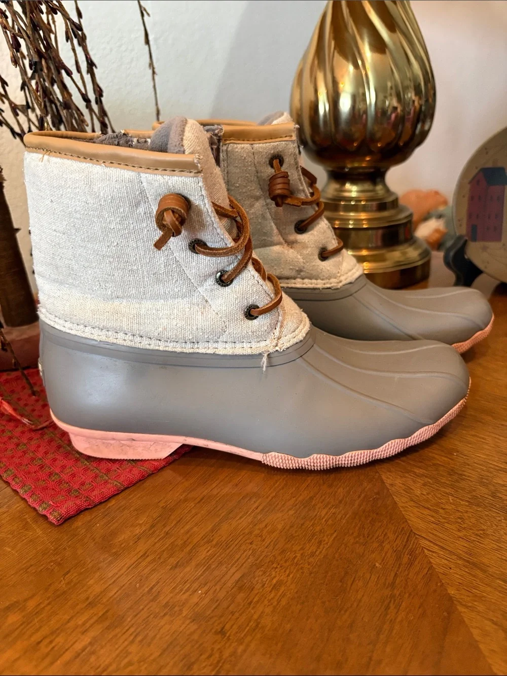 Sperry  Gray Duck Boots with Cream Textile Upper